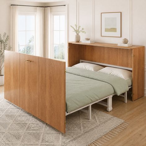 Lit escamotable 140 x 200 cm avec matelas en lin, métal et roulettes silencieuses HAVRYA (1/5)