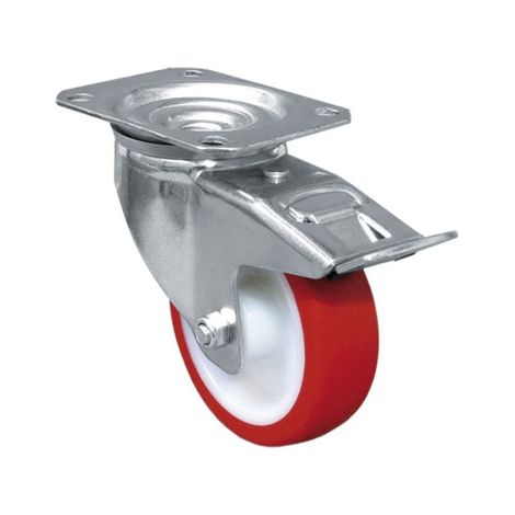 Rueda de poliuretano con freno y placa giratoria con cojinete liso para pesos de hasta 150 kg en varios diámetros Ø125mm x 35mm Placa 105 x 80mm Taladro 9mm Alto 155mm Freno 139mm