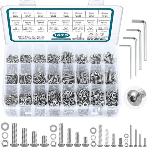 1625Pcs M2 M3 M4 M5 Assortiment de vis métrique,Kit d'assortiment de boulons et d'écrous métriques en acier inoxydable 304,Vises métriques de tête de bouton de prise hexagonale
