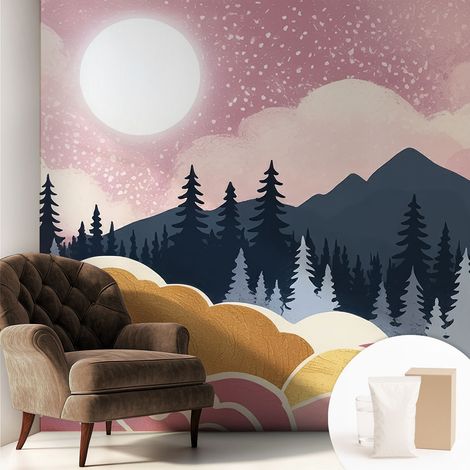 Papier peint intissé décoratif avec colle pour salon chambre et bureau Installation rapide Coucher de soleil rose 250x250 cm (1/5)