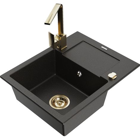 Mexen Enzo lavello in granito 1-vasca con scolapiatti e rubinetto da cucina Rita, nero/oro metallizzato - 6506-75-670300-50 (1/5)