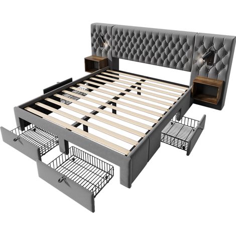 Letto contenitore 180x200 cm in velluto grigio con 2 comodini, 4 cassetti e LED (1/5)