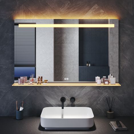 ELEGANT Bathroom LED Mirror with Shaver Socket Anti-Fog and 3 Lighting Modes Illuminated Frosted Glass Shelf, Square 1400x850mm (1/5)