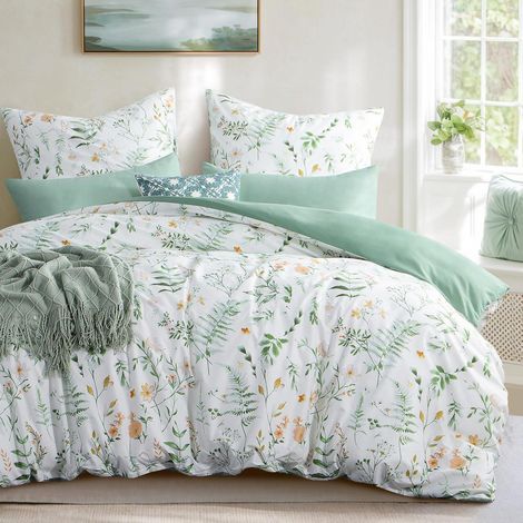 Bettwäsche-Set 200x200 cm 3-teilig Blumen Salbeigrün Mikrofaser Bügelfrei