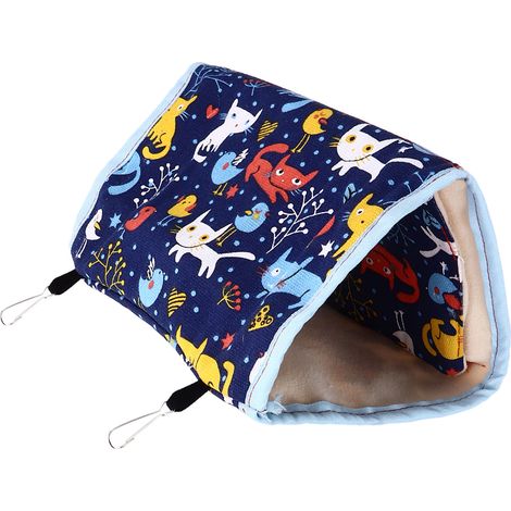Hamac perruche calopsitte, nid triangle épais chauffant pour oiseaux, avec coussin amovible lavable (Bleu clair bordé motif chat, taille moyenne + coussin) (1/5)