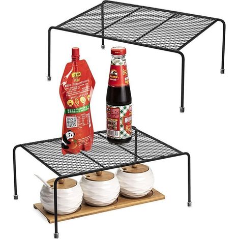 Lot de 2 étagères de rangement pour placard de cuisine - Pour armoires de cuisine, comptoirs, garde-manger, aliments et ustensiles (noir) (1/4)
