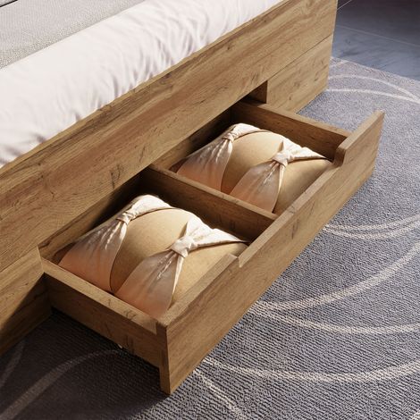 Lit double en bois massif 160x200 cm, sommier à lattes intégré, tête de lit avec rangements, éclairage LED et port USB-C, tiroirs de stockage, chêne, avec matelas (1/5)