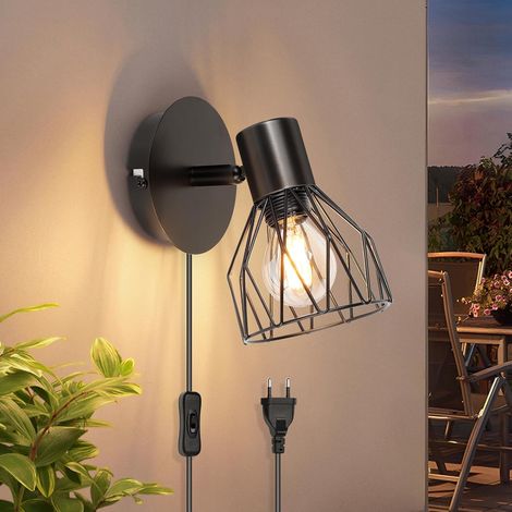 Indoor Wall Light with Switch, Bedroom Wall Lamp E14 Black Vintage Wall Lamp, Bedside Wall Lamp with Socket, Wall Light with 1.5m Cord, No Bulb (1/5)