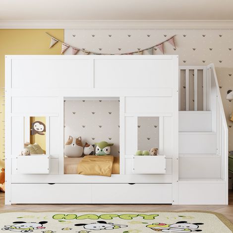 Lit superposé enfant 90x200 cm avec escalier rangement tiroirs fenêtres cadre bois barrières sécurité gain de place naturel