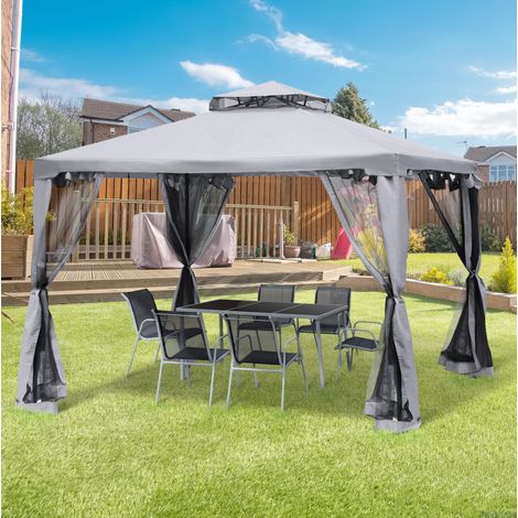 Pérgola de jardín 3x3 m con 4 paredes laterales de metal y poliéster gris claro OKWISH (1/5)