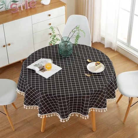 Nappe ronde à pompons de 150 cm, en polyester et coton, pour table à manger, table basse, table de jardin (motif à carreaux noirs) (1/4)