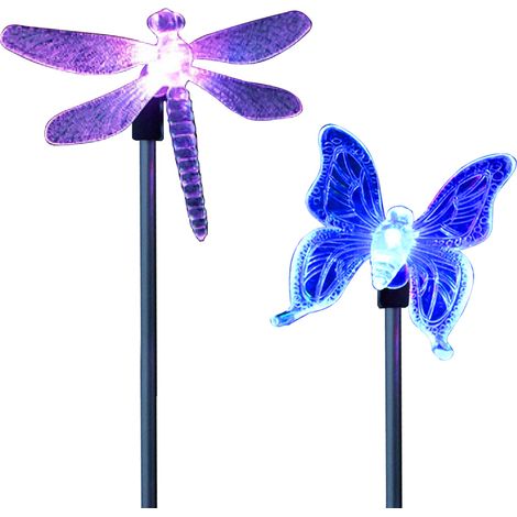 Lot de 2 lampes solaires LED à piquet pour jardin, papillons et libellules multicolores, décorations lumineuses pour allée, cour, pelouse et terrasse. (1/5)
