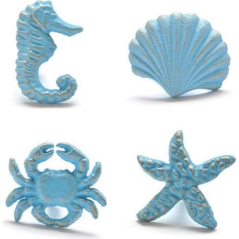 Lot de 4 boutons de tiroir en fonte Primst, thème plage et océan (bleu), avec hippocampe, étoile de mer, crabe et coquillage. Poignées pour tiroir, p