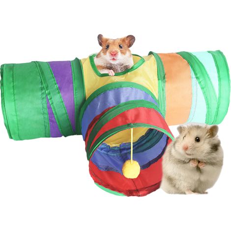 1 Tunnel pour rongeurs, pliable 3 voies avec balle interactive, polyester pour hamster, lapin, furet (1/5)