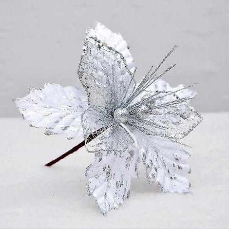 Fleurs de Noël artificielles en maille de 22 cm, faites à la main, pour couronne de Noël et décorations de sapin en rotin (argenté) (1/5)