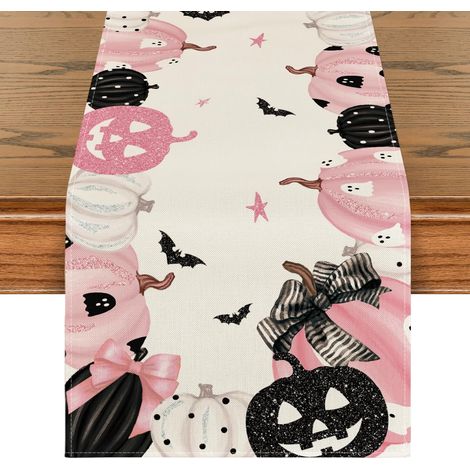 Nappe d'Halloween à motifs de citrouilles roses et blanches, décoration de table saisonnière pour la cuisine, idéale pour la décoration intérieure, 33 x 183 cm (1/4)