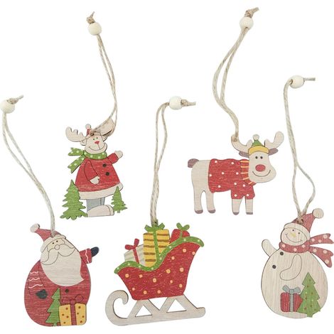 Pendentif En Bois - Cerf Et Père Noël - Décoration De Noël Pour Arbre - Lot De 5 (1/5)