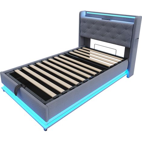 Gepolstertes Kinderbett 90 x 200 cm aus grauem Leinen mit LED, USB und Stauraum (1/5)