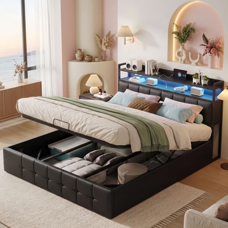 Lit Coffre double 140x190 cm avec LED et USB - Tête de lit avec rangement, Dossier souple, PU, moderne- Noir (1/5)