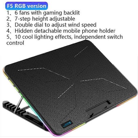 Refroidisseur pour ordinateur portable de jeu RGB 12-17 pouces, support de refroidissement à six ventilateurs avec écran LED, support de refroidissement pour ordinateur portable avec deux ports USB (F (1/5)