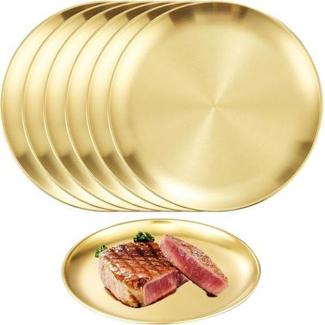 Ensemble de 6 assiettes rondes en acier inoxydable doré : assiettes de camping, assiettes de service, assiettes à pâtes, plateau rond, pour la cuisine, le camping, les pique-niques et les fêtes. (1/4)
