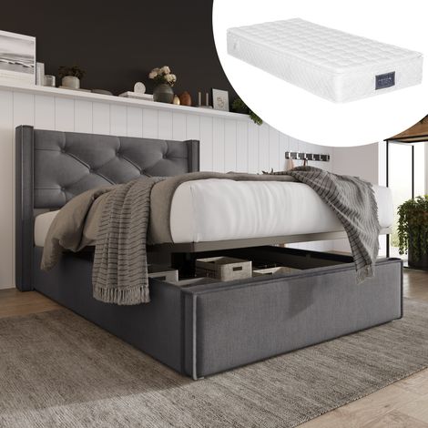 Bett 90x200 cm grau aus Baumwolle mit Stauraum und gepolstertem Kopfteil (1/5)