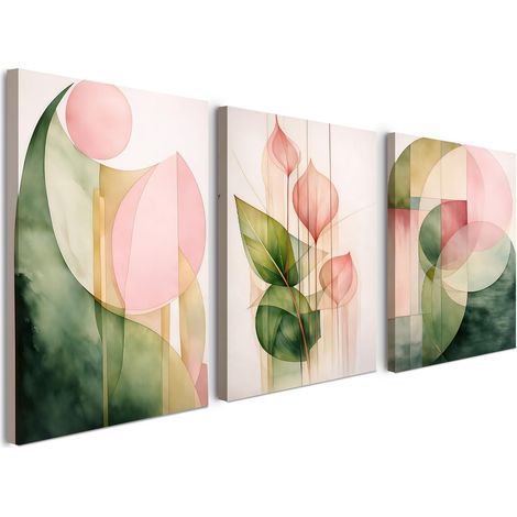 Lot de 3 tableaux muraux sur toile - 30 x 40 cm - Avec cadre en bois - Fleurs botaniques minimalistes - Avec fermeture - Nature abstraite - Boho - Décoration murale pour salon, chambre à coucher et (1/5)