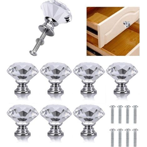 8 Pcs Bouton de Porte de Cristal, Poignées de Diamant, Poignee de Meuble Diamant, Poignée Boutons Décoration de Armoire, Tiroir, Cuisine Bouton Poignées - 30 mm (1/5)