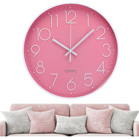 Moderne runde Wanduhr aus Metall, Durchmesser 30 cm, Rosa