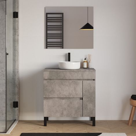 Meuble de salle de bain 70cm avec plateau et vasque à poser ronde - porte et tiroirs - ciment (gris) - LAZARO (1/5)