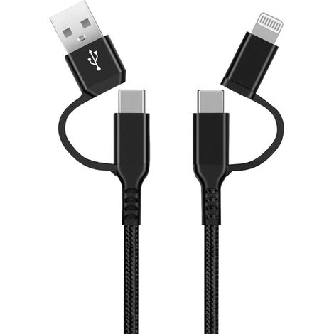 Cable cargador 4 en 1 (2 USB Tipo C, conector Lightning y USB) nylon trenzado 1,5M (1/5)