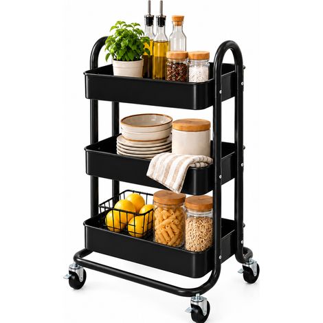 Carrello da Cucina 3 Ripiani con Ruote e 3 Cesti Portaoggetti46x40x84cm Nero (1/5)