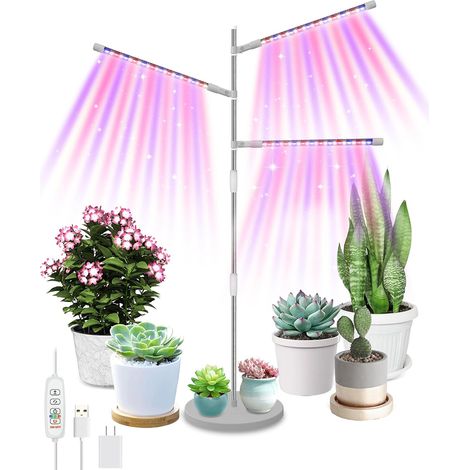 Lampade a spettro completo per la coltivazione di piante, 3 teste LED con supporto regolabile in altezza e girevole, 10 livelli di intensità dimmerabile. (1/5)