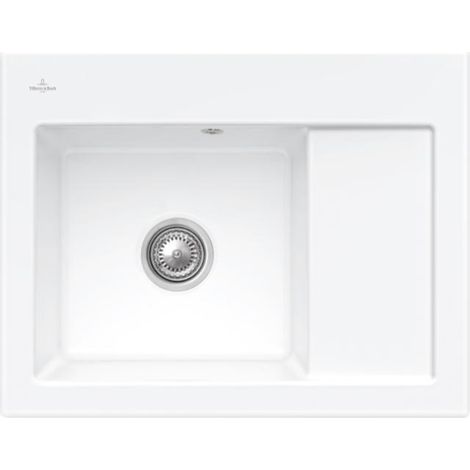 VILLEROY ET BOCH Subway 45 Fregadero compacto de 1 seno 65 x 51 cm con desagüe derecho Stone White CeramicPlus con desagüe manual