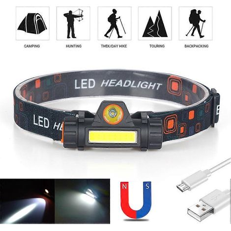 Lampe frontale LED étanche pour le camping et les activités de plein air. Lampe frontale ultra-lumineuse rechargeable par USB, lampe frontale COB, 2 modes d'éclairage, idéale pour la pêche nocturne et (1/4)