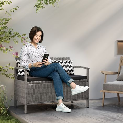 Gartenbank für den Außenbereich, 2-Sitzer, 160 l Stauraum, aus PE-Rattan, inklusive Kissen und 2 Kissen, 112 x 62 x 82 cm, grau