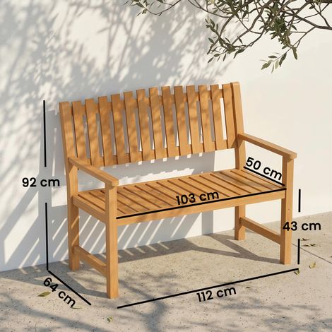Banc de jardin 2 places, banc en bois résistant aux intempéries avec structure à lattes et accoudoirs, supportant jusqu'à 320 kg, dimensions : 112 x 64 x 92 cm, bois naturel (1/5)