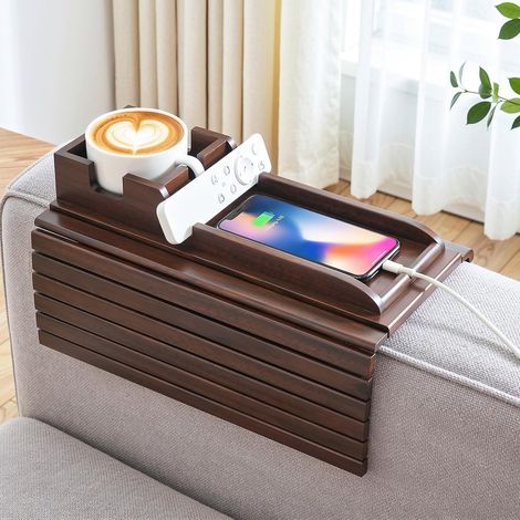 Sofa Armrest Tray, 2-in-1 Separable Sofa Bamboo Shelf for Most Armrests, Foldable Cup Holder Sofa for Snacks Phone Cups, Brown (1/5)