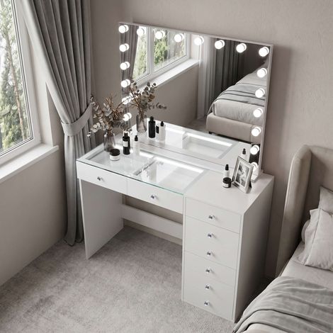 FENCHILIN Coiffeuse avec Miroir LED 8 Tiroirs Blanc 120 x 55 x 157 cm (1/5)