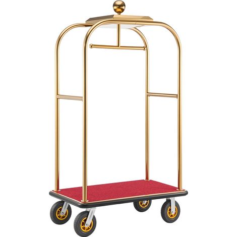 Chariot à bagages d'hôtel, cadre en acier inoxydable, charge max 544 kg, roues caoutchouc 203 mm, plateau tapissé rouge, pour hôtels et resorts. (1/5)