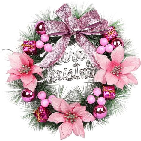 Guirlande De Noël - Couronne Florale En Plastique Avec Ruban - Décoration Porte Mur Intérieur Extérieur - 1 Pièce (1/5)