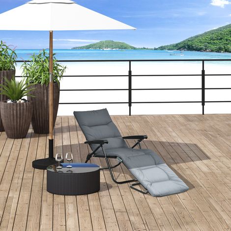 Outsunny Bain de soleil pliable transat inclinable 6 positions grand confort avec matelas + accoudoirs acier polyester gris