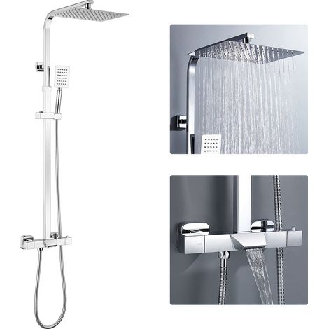 Colonne de douche Thermostatique en Acier Inox, 3 Fonctions Ensemble de douche Chromé avec Bec inférieur, Haute Réglable 98-129 cm