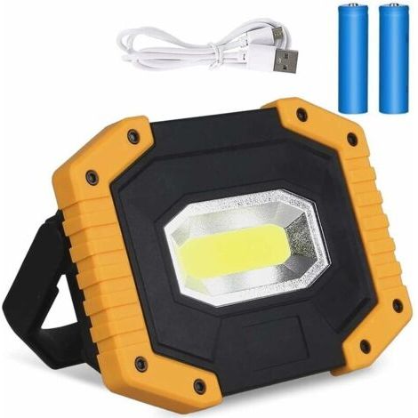 Projecteur LED Rechargeable,20W USB 1200LM Lampes de Travail à LED,Projecteur Chantier Lampes de COB Camping Imperméable Portable avec 3 Modes pour Camping,Chantier,Garage, (2 piles incluses) [Classe (1/5)