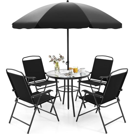 Set of 6 Outdoor Garden Furniture for 4 People with 4 Folding Textilene Chairs, Tempered Glass Coffee Table and Parasol for Patio, Balcony and Terrace (Table+Chairs+Parasol, Black) (1/5)