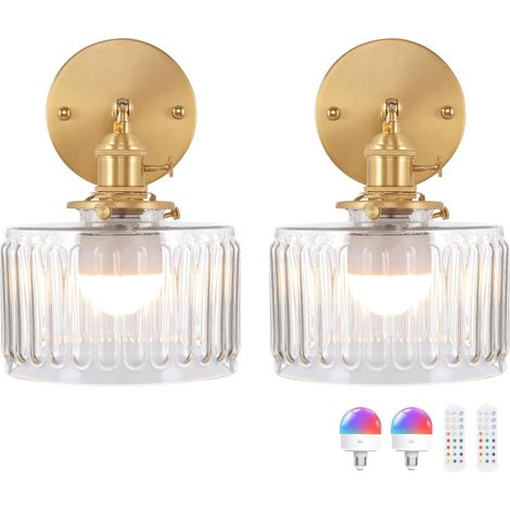 2Stk Wandleuchte Grünes Geriffeltes Glas Vintage Stil Gold, LED Wandlampen für Badezimmer Spiegel Schlafzimmer Flur, Dekorative Ambiente Beleuchtung (1/5)