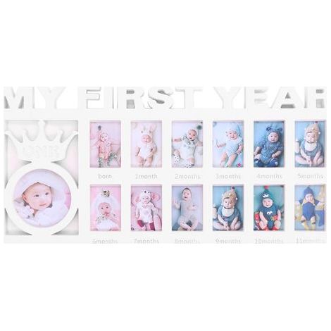 Robuster, polierter Bilderrahmen für Neugeborene mit 12 kleinen Fotorahmen zur monatlichen Dokumentation des Wachstums Ihres Babys. Ideal als Geschenk. Weiß. (1/5)
