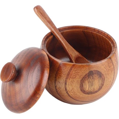 1 Pot À Sel En Bois Massif Avec Couvercle Et Cuillère Pour Épices Sucre Cuisine Restaurant (1/5)
