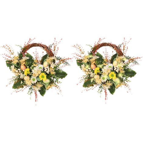 Osterkranz aus unbeleuchteten gelben Wildchrysanthemen / Ranke, Blüten - Seidenstoff, Blätter - Seidenstoff, Kunststoff, Eier - Schaumstoff / Außendurchmesser 50 cm, Rankenschlaufe 30-35 cm / (1/5)