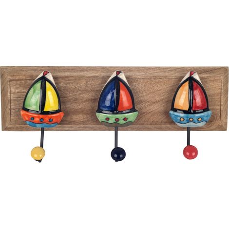 Perchero de pared de madera con 3 barcos de cerámica 35 cm (1/2)